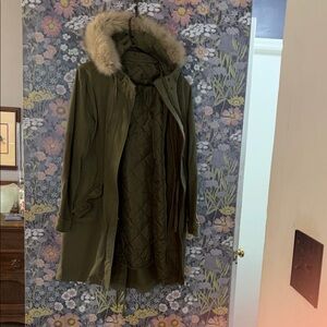 GAP Olive Utility Jacket with removable lining, drawstrings and Faux Fur Trim
